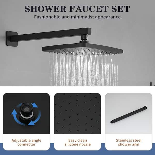 Single Handle 3-Spray Rain Square Shower Head Shower Faucet 2.5 GPM with High Pressure in. Matte Black(Valve Included)