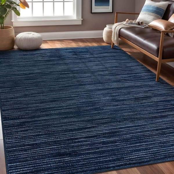 Linea Navy 8 ft. x 10 ft. Rubber Back Washable Modern Striped Indoor Outdoor Patio Area Rug
