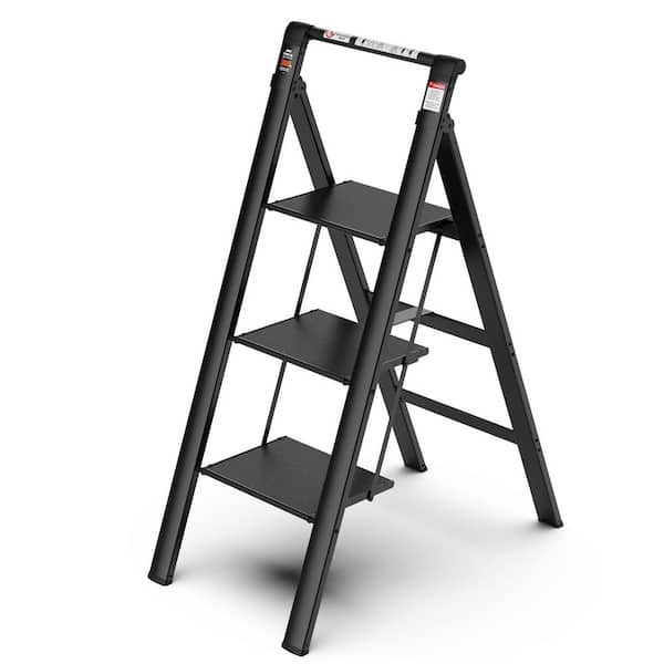 maocao hoom 3 -Step 4 ft. Reach Aluminum Retractable Handgrip Folding Step Stool with Anti-Slip Wide Pedal 300 lbs. Household Ladder