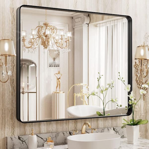 40 in. W x 32 in. H Large Rectangular Tempered Glass Framed Wall Bathroom Vanity Mirror in Matte Black