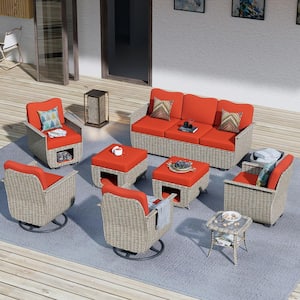 Aphrodite 8-Piece Wicker Patio Conversation Seating Sofa Set with Orange Red Cushions and Swivel Rocking Chairs