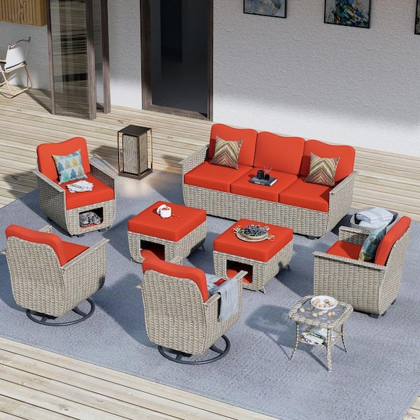 XIZZI Aphrodite 8-Piece Wicker Patio Conversation Seating Sofa Set with Orange Red Cushions and Swivel Rocking Chairs