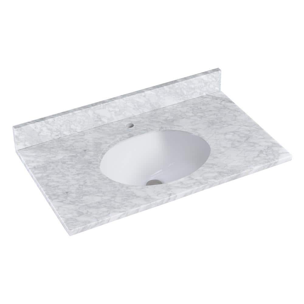 36 in. W x 22 in. D Carrara Marble White Round Mid Single Sink Bath Vanity Top in Carrara White Backsplash Included price history on PriceWatchPro