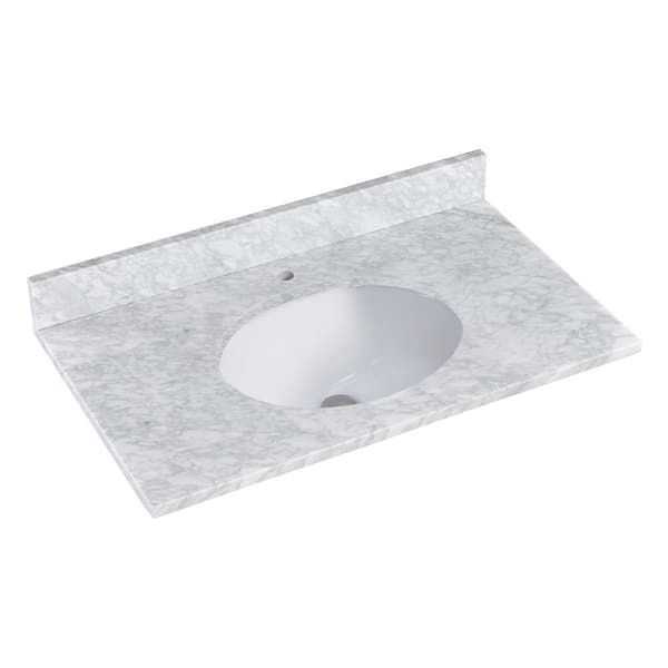 YASINU 36 in. W x 22 in. D Carrara Marble White Round Mid Single Sink Bath Vanity Top in Carrara White Backsplash Included