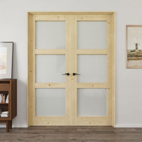 64 in. x 80 in. 3-Lite Frosted Glass Universal Solid Core Glass Double Prehung Interior Door with Quick Assemble Jamb