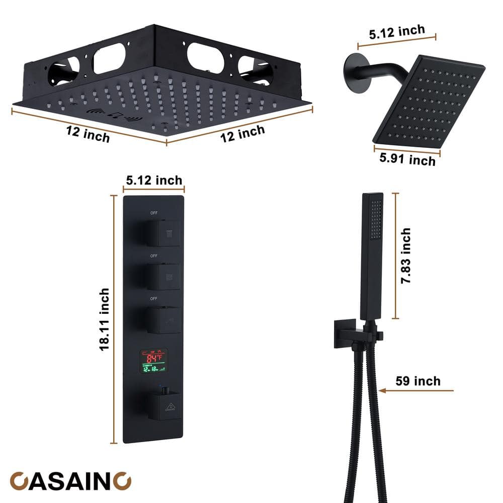 Matte Black 12" LED Rain Shower System with Bluetooth Speaker