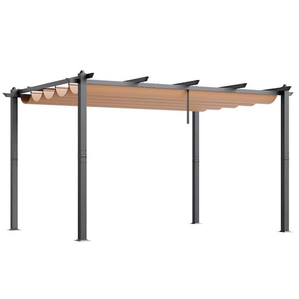 10 ft. x 13 ft. Outdoor Retractable Pergola, Aluminum Pergola with Retractable Canopy for Patios, Beige Tent