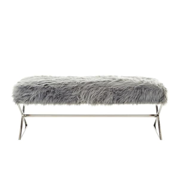 HomeRoots Amelia Gray 48 in. Faux Fur Bedroom Bench Backless Upholstered