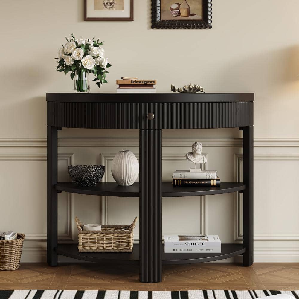 Black 37 in. Fluted Half Moon Console Table with Drawer and 2 Shelves