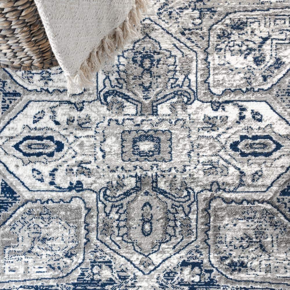 Modern Elegance Gray and Navy 8' x 10' Synthetic Area Rug