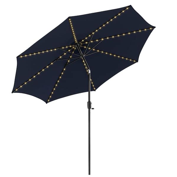 WELLFOR 10 ft. Octagon Metal Market Solar LED Lighted Tilt Patio Umbrella in Navy with Easy Crank