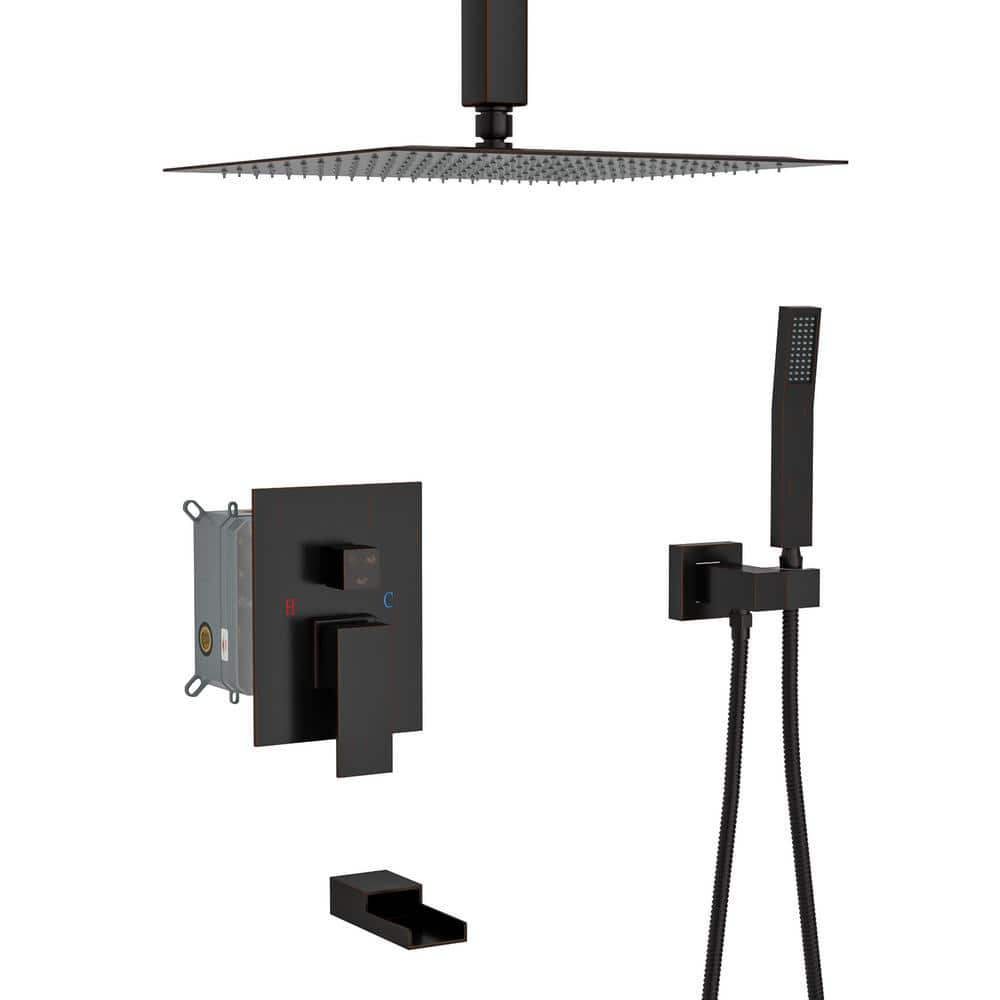 3-Spray Square 12 in. Shower System with Waterfall Tub Spout With1.8GPM Ceiling Mount Shower Faucet in Oil Rubber Bronze price history on PriceWatchPro