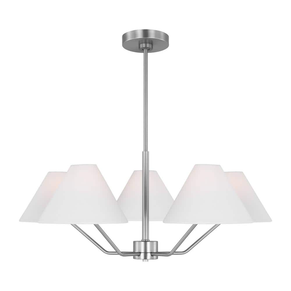 Modern Mid-Century 5-Light Chandelier with White Fabric Shade