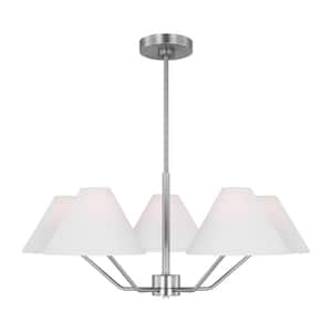 Burke 5-Light Brushed Steel Medium Chandelier with White Linen Fabric Shades