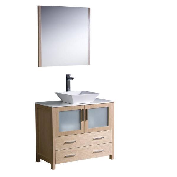 Fresca Torino 36 in. Vanity in Light Oak with Glass Stone Vanity Top in White with White Basin and Mirror