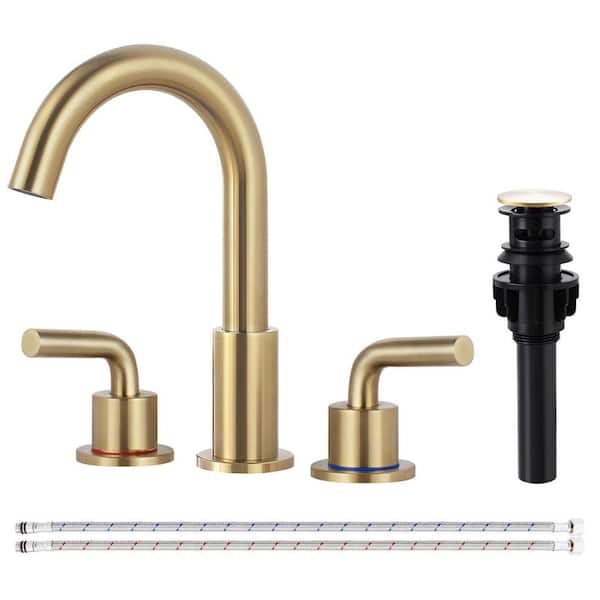 Double Handles 8 in. Widespread Bathroom Faucet 3-Hole Sink Faucet with Pop-Up Drain in Brushed Gold