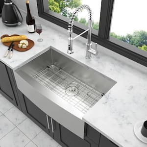 36 in. Farmhouse Single Bowl 18 Gauge Brushed Nickel Stainless Steel Kitchen Sink with Bottom Grid