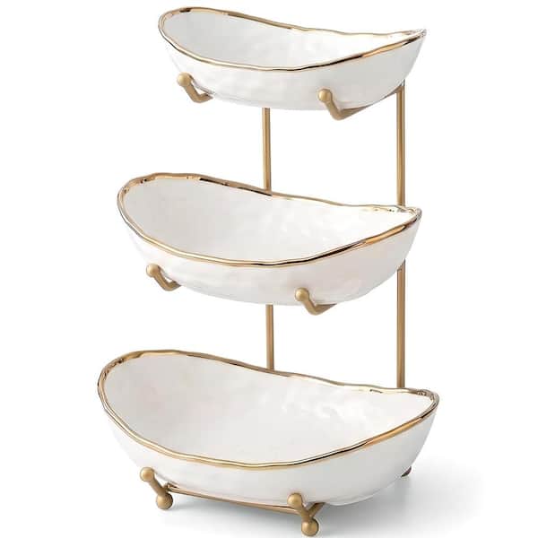3-Tier White Ceramic Fruit Bowl with Gold Metal Holder for Kitchen Countertop Storage and Display Stand