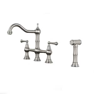 Double Handle Bridge Kitchen Sink Faucet with Side Sprayer in Brushed Nickel