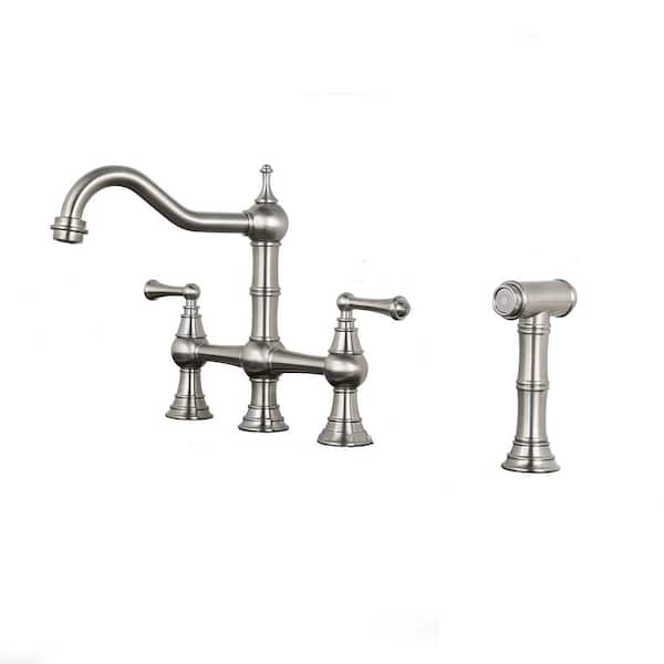 ALEASHA Double Handle Bridge Kitchen Sink Faucet with Side Sprayer in Brushed Nickel