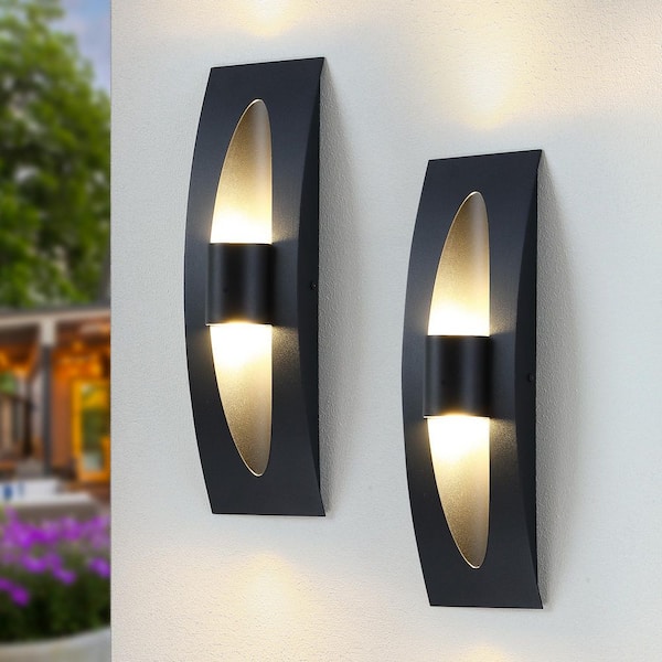 Modern 15.65 in. Black Integrated LED Outdoor Wall Lantern Sconce with Up and Down Light(2-Pack)