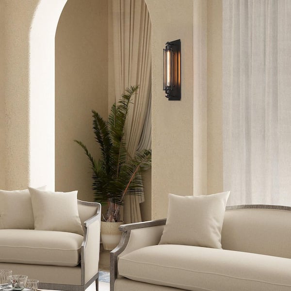 Modern Industrial Black Linear Wall Sconce, 1-Light Bathroom Vanity Light with Metal Wire Cage For Dry Areas Hallway
