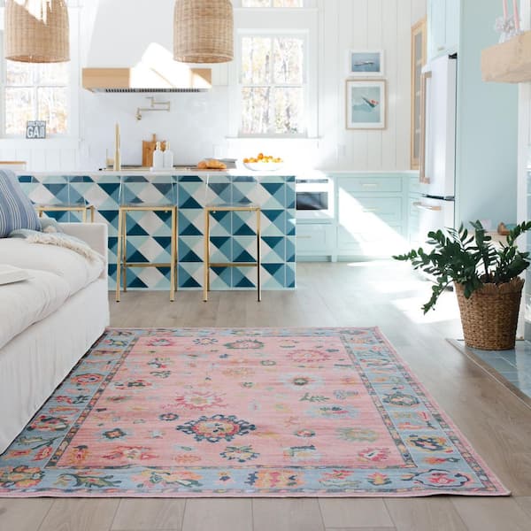 Atlantis Pink/Blue 5 ft. x 7 ft. Boho Oriental Distressed Polyester Machine Washable Indoor Area Rug