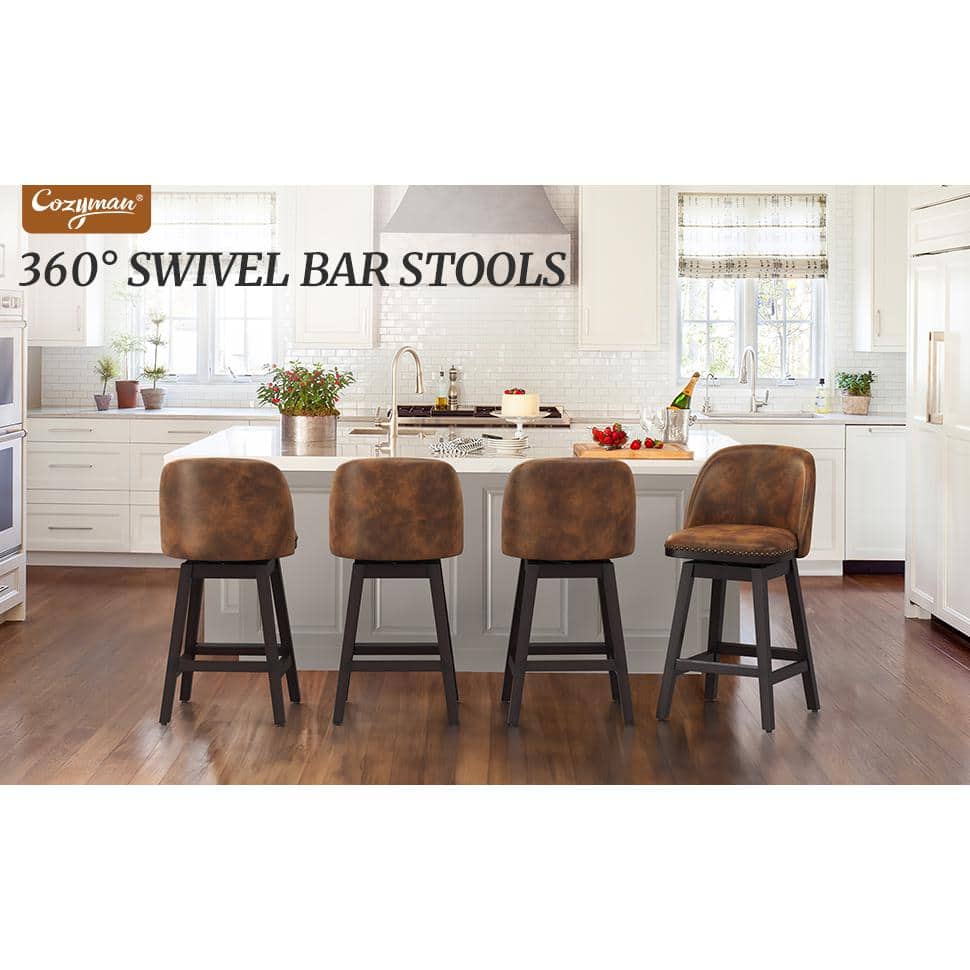 Whiskey Brown Faux Leather Swivel Counter Stools with Wood Legs, Set of 4