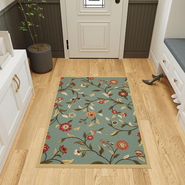 Ottohome Collection Non-Slip Rubberback Floral Leaves 3x5 Indoor Area Rug, 3 ft. 3 in. x 5 ft., Dark Seafoam Green