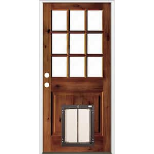 36 in. x 80 in. Right-Hand 9 Lite Clear Glass Red Chestnut Stained Wood Prehung Door with Large Dog Door