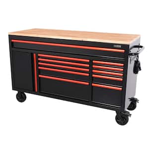 Limited Edition 61 in. W x 23 in. D 11-Drawer Black Mobile Workbench Cabinet with Solid Wood Top and Red Trim