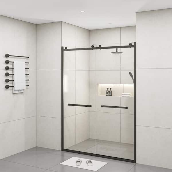 LTMATE 60 in. W x 76 in. H Double Sliding Frameless Shower Door in Matte Black Finish with Clear Glass