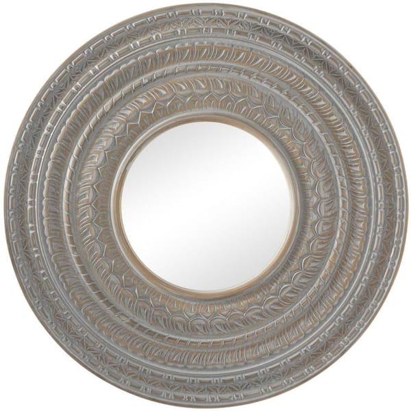 Litton Lane 36 in. x 36 in. Carved Round Framed Gray Tribal Wall Mirror