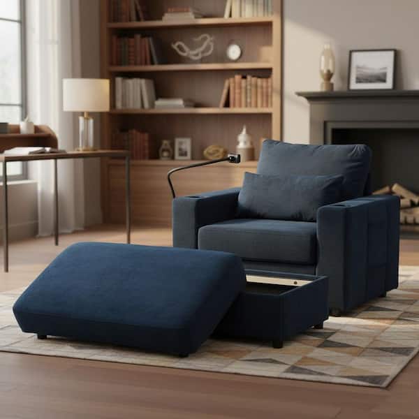 Homy Casa XZYDNJ 51.4 in. Straight Arm Chenille Rectangle Sofa w/ Convertible and Cup Holder Storage and USB Port in Midnight Blue