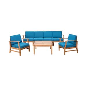Giancarlo Teak 7-Piece Wood Patio Sofa and Club Chair Conversation Set with Blue Cushions