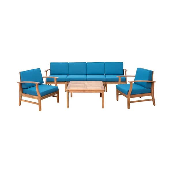 Noble House Giancarlo Teak 7-Piece Wood Patio Sofa and Club Chair Conversation Set with Blue Cushions