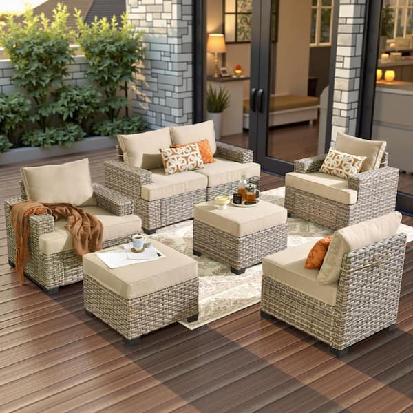 Silvae Gray 7-Piece Wicker Outdoor Patio Conversation Sectional Sofa Set with Beige Cushion and 2 Ottomans