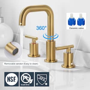 8 in. Widespread Double-Handle High-Arc Bathroom Sink Faucet with Drain Kit in Brushed Gold