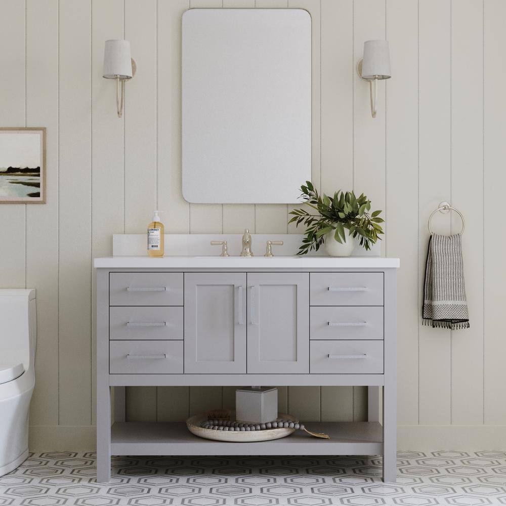 Gray Solid Wood Bath Vanity with White Quartz Top