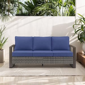 MetalWood Metal and Gray Wicker Outdoor 3-Seat Sectional Couch Sofa with Olefin Navy Blue Cushions