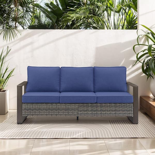 Opohoro MetalWood Metal and Gray Wicker Outdoor 3-Seat Sectional Couch Sofa with Olefin Navy Blue Cushions