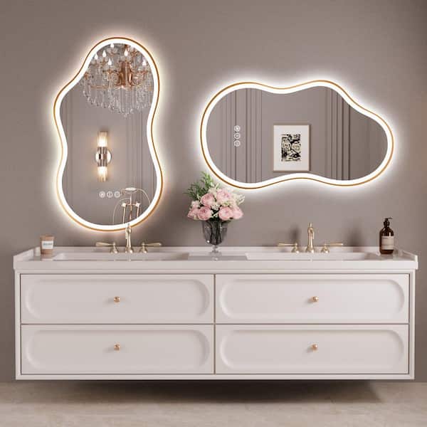 24 in. W x 36 in. H Irregular Gold Framed Anti-Fog 3-Colors Dimmable LED Light Wall Bathroom Vanity Mirror with Memory