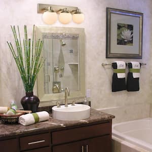 Portland 31.5 in. 3-Light Brass Vanity Light with Matte Opal White Glass Shades