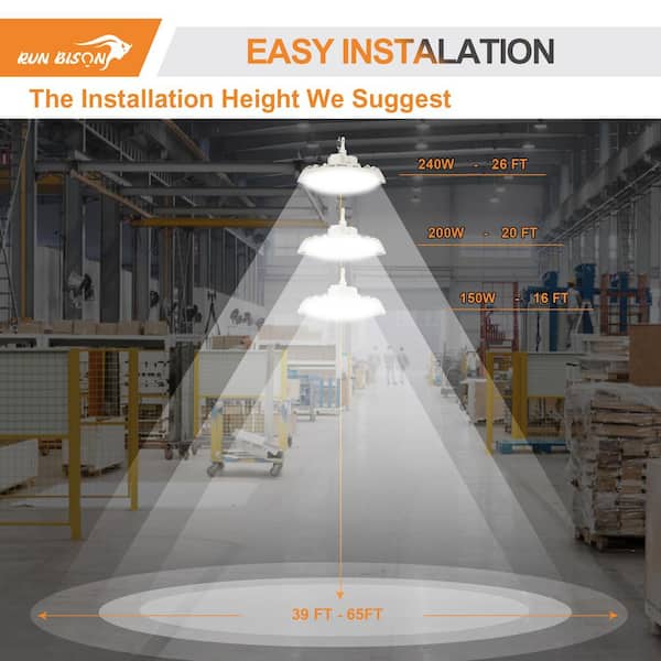 RUN BISON 12.8 in. Integrated LED UFO High Bay Light Fixture White Garage Light Up to 33600 Lumens 4000K/5000K, 0-10-Volt Dimmable