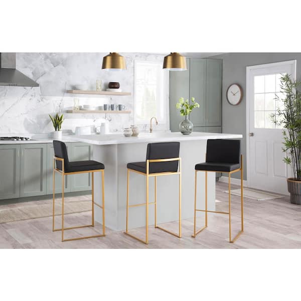 Fuji High Back 31 in. Black Faux Leather and Gold Metal Bar Stool (Set of 3)