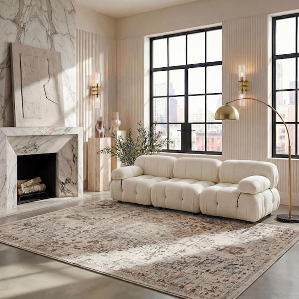Madison 9 ft. x 12 ft. Ivory/Beige Gray Distressed Border Area Rug