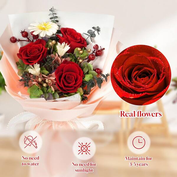 Dracelo 13 in. Red Artificial Everlasting Rose Bouquet-Includes