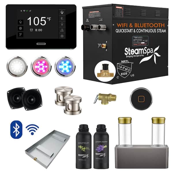 SteamSpa Black Series 12kW Steam Bath Generator with Continuous Steam Plus Quick Start Tech and Auto Drain in Brushed Nickel