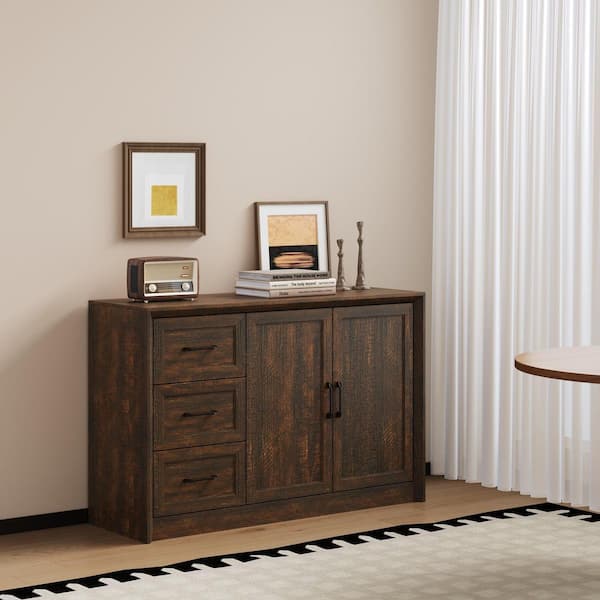Walnut Finish Wood Buffet with 3 Drawers, Double Doors, Smooth Slides, Kitchen and Dining Storage Server