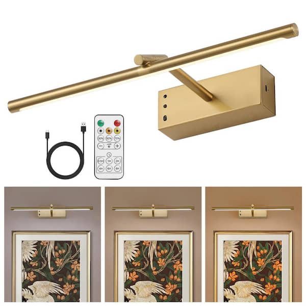 15.5 in. Dimmable LED Picture Light with Remote Control and Swivel, Brass Artwork Lighting for Walls